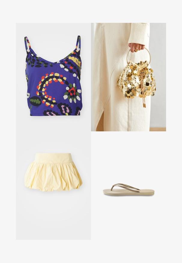 Lysende lilla ermeløs topp med V-hals, som har abstrakte mønstre i grønt, gult, rødt, svart og hvitt. Glatt stofffinish.; Gul bomullsskjørt med et voluminøst, samlet design og bred midje. Den glatte teksturen og lette stoffet gir et avslappet utseende.; Lys beige flip-flop med teksturert såle, flat såle og tynne, glinsende stropper. Har subtil merking på stroppen.; Gullfarget sekvenseikkkvott med trekksnor og en rund håndtak, som har skinnende runde sekvenser og et teksturert stoff. Dimensjoner er ikke oppgitt.