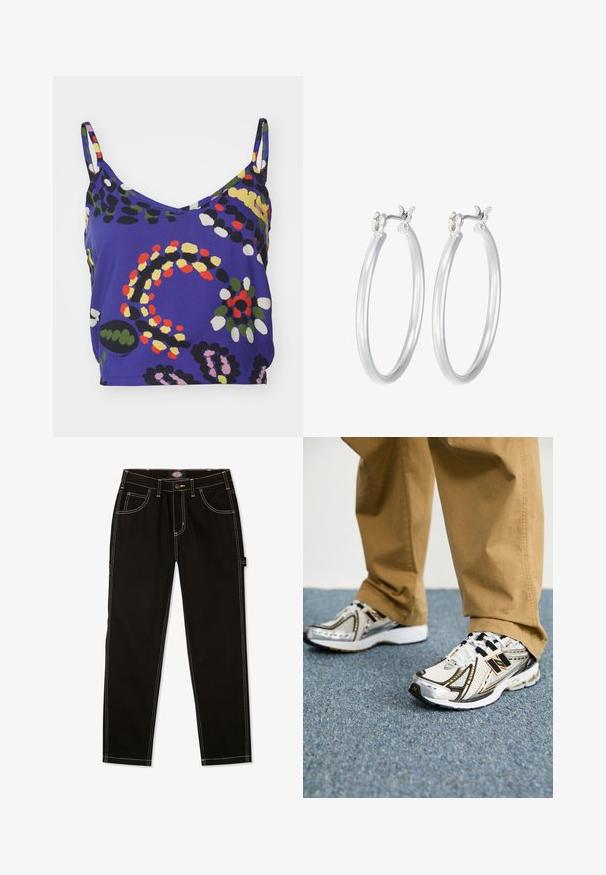 Žiarivý fialový top bez rukávov s výstrihom do V, zdobený abstraktnými vzormi v zelenej, žltej, červenej, čiernej a bielej farbe. Hladký povrch látky.; Čierne denimové nohavice s kontrastným bielym šitím, piatimi vreckami a tenkou páskou na boku. Štandardný strih, rovný strih nohavíc.; Biele a strieborné tenisky New Balance s čiernymi akcentmi a šnúrkami, s priedušným vrchom, polstrovanou podrážkou a dynamickým dizajnom.; Strieborné kruhové náušnice s hladkým, lesklým povrchom. Kolový tvar a bezpečné klikanie na uzatváranie. Ľahký dizajn vhodný na každodenné nosenie.