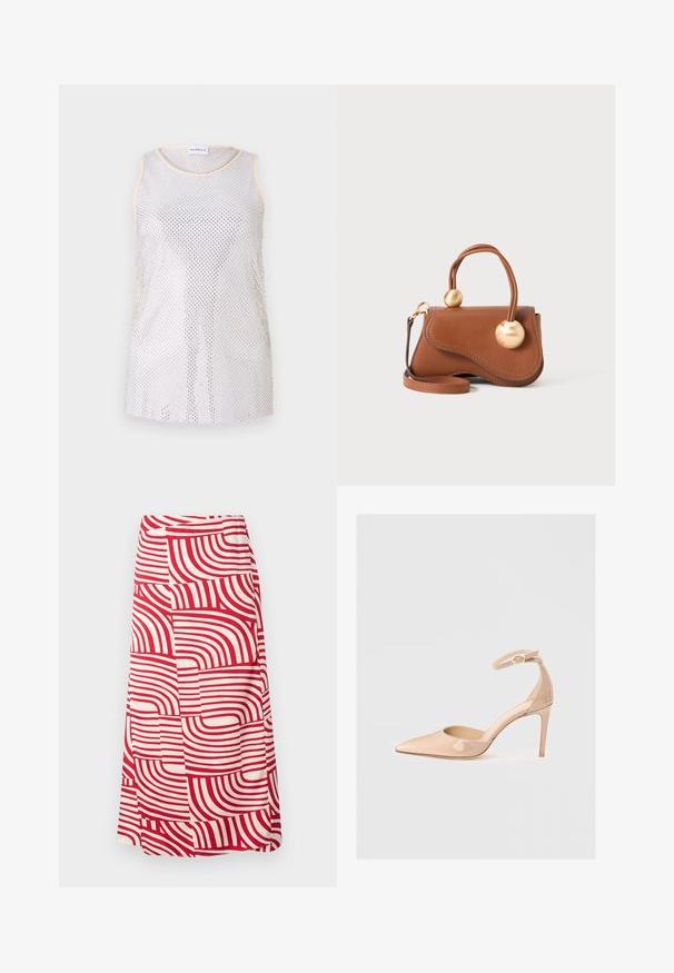 Hihaton verkkopaita vaaleanharmaana, jossa on pyöreä kaula-aukko ja hillitty beige reunus. Kankaan rakenne on verkomainen, jossa on tasaisesti sijoitettuja reikiä.; Punainen ja kerma värinen polven mittainen hame, jossa on rohkeat, kaarevat raidat vaihtelevilla leveydillä, valmistettu pehmeästä kankaasta, jolla on sileä tekstuuri.; Nude lakattu kärkitossu, jossa on nilkkahihna ja tendo, ominaisuutena sileä pinta ja minimalistinen muotoilu.; Ruskean nahkalaukku, jossa on aaltoileva muotoilu, kahdella pyöreällä kullansävyisellä yksityiskohdalla ja irrotettavalla olkahihnalla monipuolista kantamista varten.