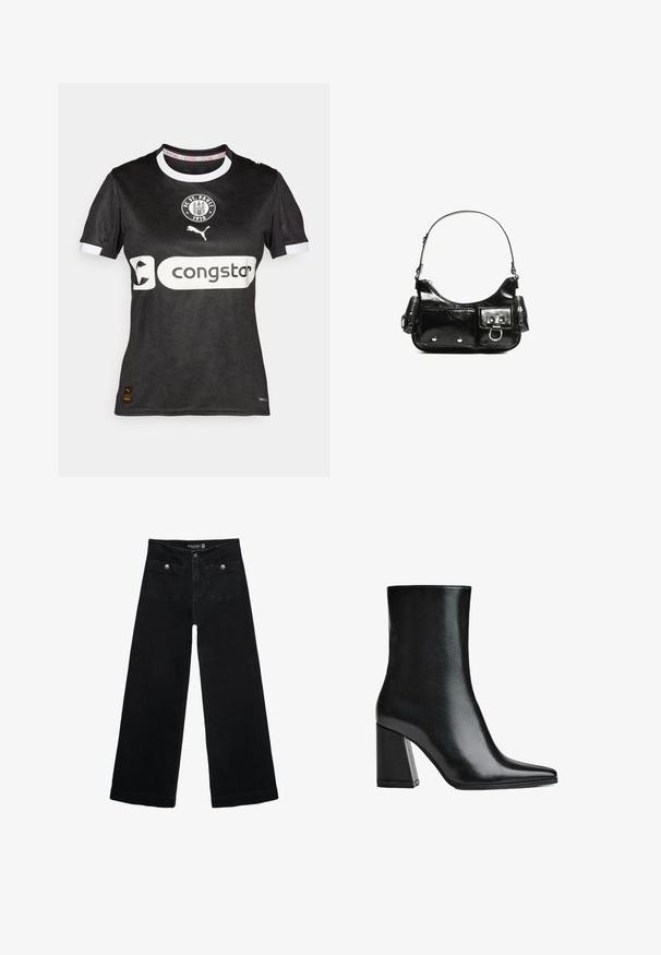 Czarna koszulka piłkarska FC St. Pauli z krótkimi rękawami, białym kołnierzykiem i mankietami, z teksturowanym wzorem oraz logo z przodu.; Czarne, szerokie dżinsy z wysokim stanem, z dwoma przednimi kieszeniami i metalowymi guzikami. Tkanina ma gładką fakturę.; Czarne skórzane botki za kostkę z wydłużonym noskiem i wysokim blokowym obcasem. Gładka faktura z elegancką sylwetką i solidną konstrukcją podstawy.; Czarna torebka z lakierowanej skóry o zaokrąglonym kształcie, z jednym paskiem na ramię, przednimi kieszeniami i akcentami w kolorze srebrnym.