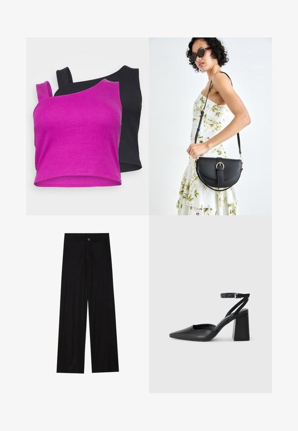 Dois tops curtos: um em fúcsia brilhante com textura em malha e outro em preto sólido. Ambos apresentam um design de alça única.; Calças pretas de perna larga feitas de um tecido suave, com bolsos frontais e fecho de botão na cintura. Design minimalista sem padrões.; Sandal com biqueira afilada em couro preto, com cinta no tornozelo e salto grosso. Textura lisa, design elegante e estética minimalista.; Bolsa de couro preta com forma curva, alça destacável e detalhes em dourado. A bolsa possui uma aba com detalhe de fivela.
