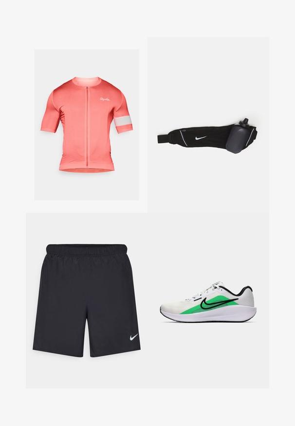 Trumpa rankovėmis dviračių maikė ryškiai rožinės spalvos, pagaminta iš tekstūrinio audinio, su priekiu užtrauktuku ir balta atspindinčia juosta ant rankovės. Logotipas ant krūtinės.; Juodos sportinės šortai, pagaminti iš lengvos medžiagos, su elastingu juosmeniu. Ant apatinės kairės pusės yra mažas baltas Nike logotipas.; Balti sportiniai batai su žalia akcentu, juodu logotipu, tinklinė viršutinė dalis, paminkštintas padas ir suapvalintas kulnas. Yra raišteliai ir kontrastingos detalės.; Juodas vandens butelių diržas su reguliuojama juosta, turi baltą Nike logotipą, pilką vandens butelio laikiklį ir baltas akcentines siūles.