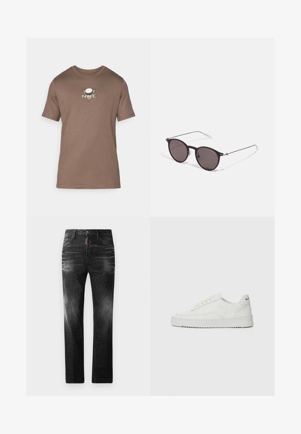 Brūna kokvilnas T-kreklu ar apaļu kaklu, īsām piedurknēm un trīsstūra logo, kurā attēlots golfa bumbiņa un "NIKE" teksts zelta izšuvumā.; Melni džinsi no denima ar taisnu piegriezumu. Iespējas ietver izbalējušas vietas, nelielas nodiluma pazīmes, klasisko piecu kabatu dizainu un pogu aizdari.; Baltas ādas sneakers ar gludu virsmu, apaļu pirkstu daļu, plakaniem šņorēm un teksturētu zoli. Satur diskrētu logotipu uz papēža.; Melni apaļi saulesbrilles ar tumšiem lēca un plānām metāla stangām. Iekļautas caurspīdīgas tempļu galviņas un sudraba akcenti pie eņģes. Minimalistisks dizains.