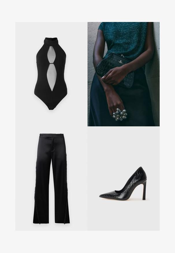 Body nero con scollatura a collare e design con ritagli, caratterizzato da un pannello frontale trasparente. Realizzato in materiale morbido con una forma aderente e chiusura a scatto.; Pantaloni in satin nero con gambe larghe, caratterizzati da dettagli in frange lungo le cuciture laterali e una cintura piatta in vita. Retro semplice senza tasche.; Scarpa nera con punta a punta alta in pelle di coccodrillo, caratterizzata da un design elegante, alto tacco a spillo e interno nero liscio.; Clutch bag nera con motivo coccodrillo e hardware argentato, appoggiata su uno sfondo grigio texture. Presenta una superficie lucida.