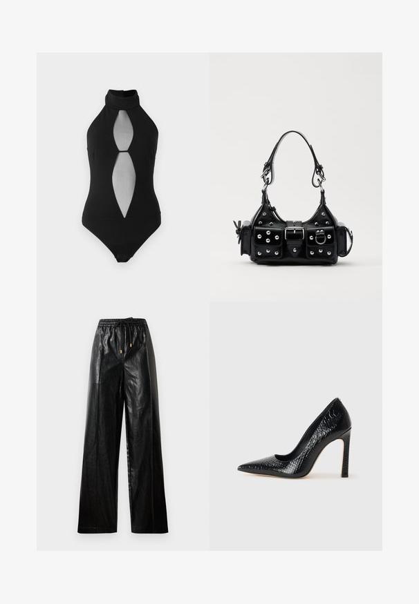 Body nero con scollatura a collare e design con ritagli, caratterizzato da un pannello frontale trasparente. Realizzato in materiale morbido con una forma aderente e chiusura a scatto.; Pantaloni ampi in pelle nera con cintura elastica, cordoncino e accenti in metallo dorato. Texture liscia e vestibilità ampia.; Scarpa nera con punta a punta alta in pelle di coccodrillo, caratterizzata da un design elegante, alto tacco a spillo e interno nero liscio.; Borsa a mano in pelle nera con design curvo, caratterizzata da borchie argentate, una fibbia e due tasche laterali. Tracolla regolabile per diverse opzioni di trasporto.