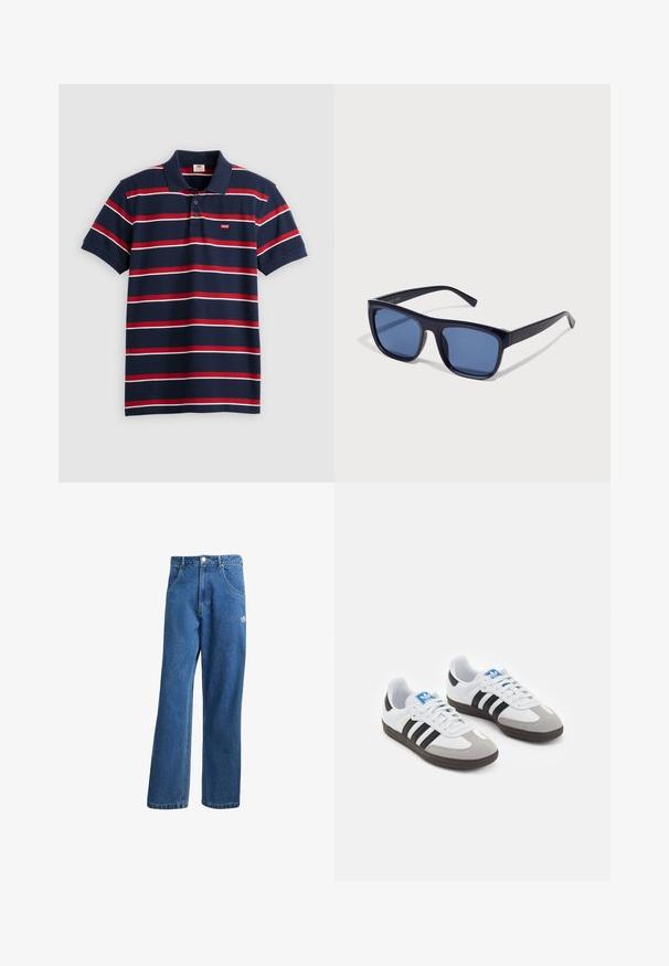 Pólo azul-marinho com riscas horizontais vermelhas e brancas, placket de três botões e pequeno logótipo da Levi's no peito. Material de algodão suave.; Calças de ganga azul com cintura alta e perna larga, com bolsos frontais, passadores de cinto, fecho de botão e pequeno logótipo da Adidas na coxa direita.; Ténis desportivos com um cabedal em pele branca, biqueira em camurça cinza e três riscas pretas. Apresenta um logo azul na língua e uma sola de borracha texturizada.; Óculos de sol pretos em plástico com armações retangulares, lentes azuladas e hastes finas, apresentando um acabamento brilhante.