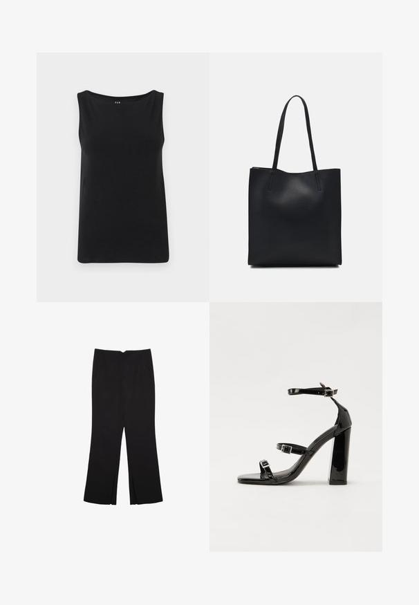 Schwarzes ärmelloses Top aus weichem Stoff. Verfügt über einen weiten Ausschnitt und einen geraden Saum. Einfaches Design ohne zusätzliche Muster oder Verzierungen.; Schwarze Hose mit geradem Schnitt, ausgestattet mit Fronttaschen und Seitenschlitzen am Saum. Hergestellt aus weichem, glattem Stoff. Geeignet für verschiedene Anlässe.; Schwarze Lackleder-Sandalen mit hohen Absätzen, zwei Riemen mit Schnallen, quadratischer Zehenpartie und klobigem Blockabsatz, mit einer glatten, glänzenden Textur.; Schwarze Laptoptasche aus Leder mit glatter Textur, rechteckiger Form und zwei langen Griffen. Keine sichtbaren Beschläge oder Verzierungen.