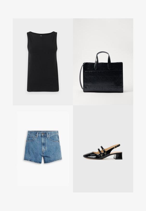 Juodas be rankovių viršus, pagamintas iš minkštos medžiagos. Turi plačią iškirptę ir tiesų apvagą. Paprastas dizainas be papildomų raštų ar puošmenų.; Šviesiai mėlyni džinsiniai šortai, turintys penkis kišenes, užtrauktuko užsegimą ir mygtuko uždarymą. Apačia yra nusidėvėjusi, o dizainas yra laisvo pjūvio.; Juodas lakuotas odos slingback tipo batelis su smailiu pirštu, dviem dirželiais, auksiniais apskritimais ir žemu blokiniu kulnu.; Juodas odinis tote maišas su dviem viršutinėmis rankenomis, nuimamu petiniu diržu ir įspaustu "MICHAEL KORS" logotipu priekyje. Sklandus paviršius.