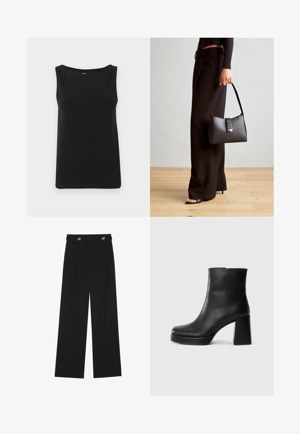 Must mustriga must hindaja pehme kangast. Omab laia kaelust ja sirget alumist serva. Lihtne disain, ilma täiendavate mustrite või kaunistusteta.; Mustad laiad püksid kõrge vöökoha ja nööpdetailidega vööandil, esikortsudega.; Must musta ankle boot, milleplokk-konts ja platvormi tallaga, vaadatud küljelt ühetoonilise valge tausta peal.; Must musta kott, millel on struktureeritud kuju, sile tekstuur ja metallist klamber. Kombineeritud laiate mustade pükstega ja avatud varvaste sandaalidega puidust põrandal.