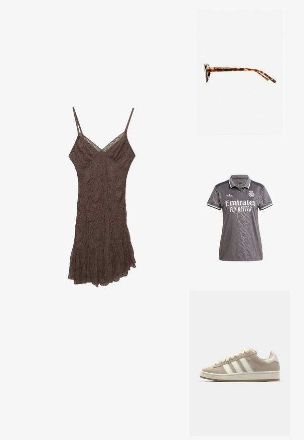 Szary polo z delikatnym wzorem teksturowym, białym logo "Emirates" i emblematem Adidasa; ma klasyczny kołnierzyk i paski.; Brązowa sukienka na ramiączkach z koronką, z cienkimi ramiączkami, dekoltem w kształcie litery V, teksturowanym materiałem i falbaniastym dołem. Delikatne wzory kwiatowe na całej powierzchni materiału.; Zamszowe sneakersy w kolorze tan z białymi skórzanymi paskami i sznurowadłami, gumową podeszwą, wyściełanym kołnierzem oraz fakturowanymi detalami na górnej części.; Okulary przeciwsłoneczne w kratkę w grubej oprawie, lekko zakrzywionymi zausznikami i gładką teksturą. Charakteryzują się klasycznym wzornictwem i błyszczącym wykończeniem.; Brązowa skórzana torba na ramię o teksturowanym wykończeniu, zaokrąglonym kształcie, złotych akcentach, regulowanym pasku i zapięciu na klapę.