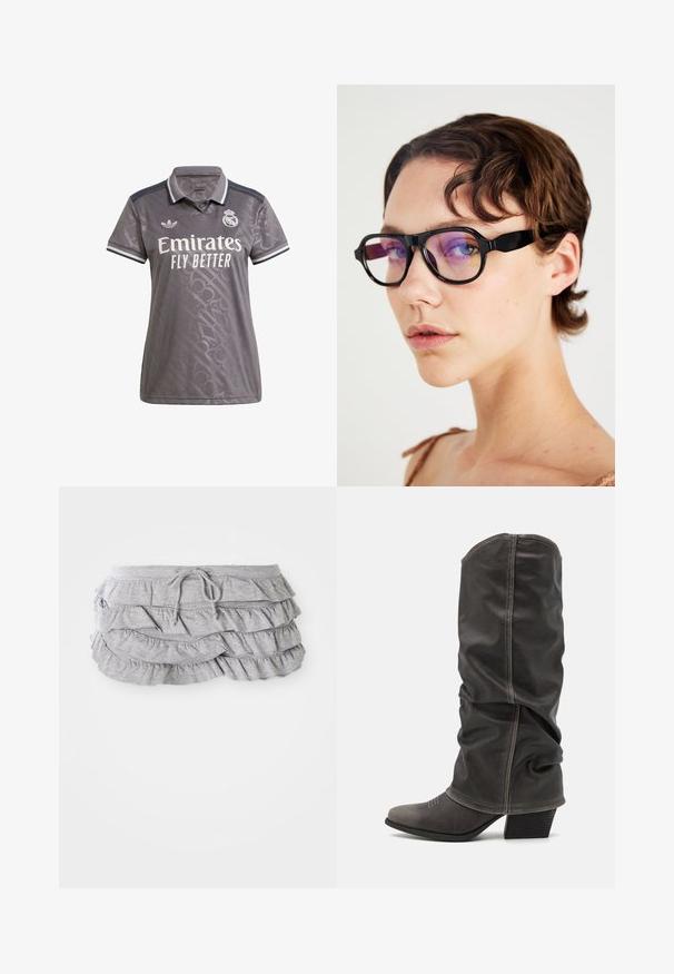 Polo gris con un sutil patrón texturizado, logo blanco de "Emirates" y emblema de Adidas; presenta un cuello clásico y acentos a rayas.; Falda gris con volantes y diseño de tela en capas, cintura con cordón, textura suave, bordes acabados y volantes en cascada.; Botas de cuero gris hasta la pantorrilla con un diseño holgado, punta afilada y tacón apilado. Detalle de costura notable en la zona de los dedos.; Gafas rectangulares negras con lentes de tinte púrpura, con un marco grueso y laterales planos, que destacan por su diseño moderno.; Bolso de pana gris con dos asas cortas, un bolsillo delantero y una prominente letra "K" en negro. Tiene cierre de botón y material texturizado.; Conjunto de cuatro clips para el cabello con bases negras, adornados con perlas blancas y strass en diversas formas: dos alargados y dos rectangulares.