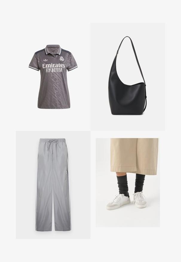 Polo gris avec un motif texturé subtil, logo "Emirates" blanc et emblème Adidas ; il dispose d'un col classique et de accents rayés.; Pantalons de sport gris avec une taille élastique, un cordon de serrage et des rayures blanches sur les côtés. Fabriqués en tissu lisse et léger.; Baskets blanches et grises avec un accent noir au talon, dotées d'un dessus en cuir lisse et d'un bout en suède texturé. Portées avec des chaussettes slouchy gris foncé.; Sac hobo en cuir noir avec une texture lisse, une forme incurvée et une seule sangle réglable ; dispose d'une large ouverture en haut.
