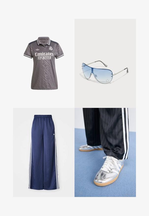 Grey polo shirt with a subtle textured pattern, white "Emirates" logo, and Adidas emblem; features a classic collar and striped accents.; Navy blue wide-leg pants with vertical white stripes, elastic waistband, and three white stripes along each side, made from a lightweight material.; Metallic silver sneakers with white laces and three white stripes, paired with black pinstriped pants. Gum sole accent at the bottom.; Aviator sunglasses featuring a gradient blue lens, silver metal frame, and decorative star accents on the lens. Smooth and sleek design.