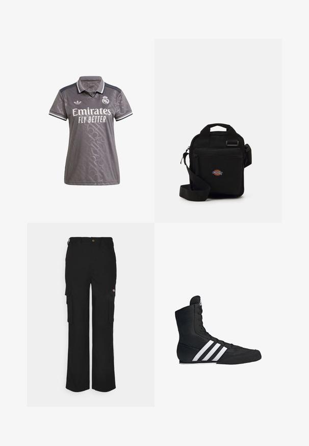 Grå poloshirt med et subtilt teksturmønster, hvidt "Emirates" logo og Adidas-emblem; har en klassisk krave og stribede detaljer.; Sorte cargo bukser lavet af slidstærkt stof, med to sidelommer, knaplukning og en afslappet pasform med lige ben.; Sort høj-toppet sportsko med en tekstureret stofoverdel, der har tre hvide striber og en snøret frontdesign. Flad gummisål i bunden.; Sort crossbody taske med en lynlåslomme, rektangulær form, lavet af stof, med et logo patch på forsiden, justerbar skulderrem.