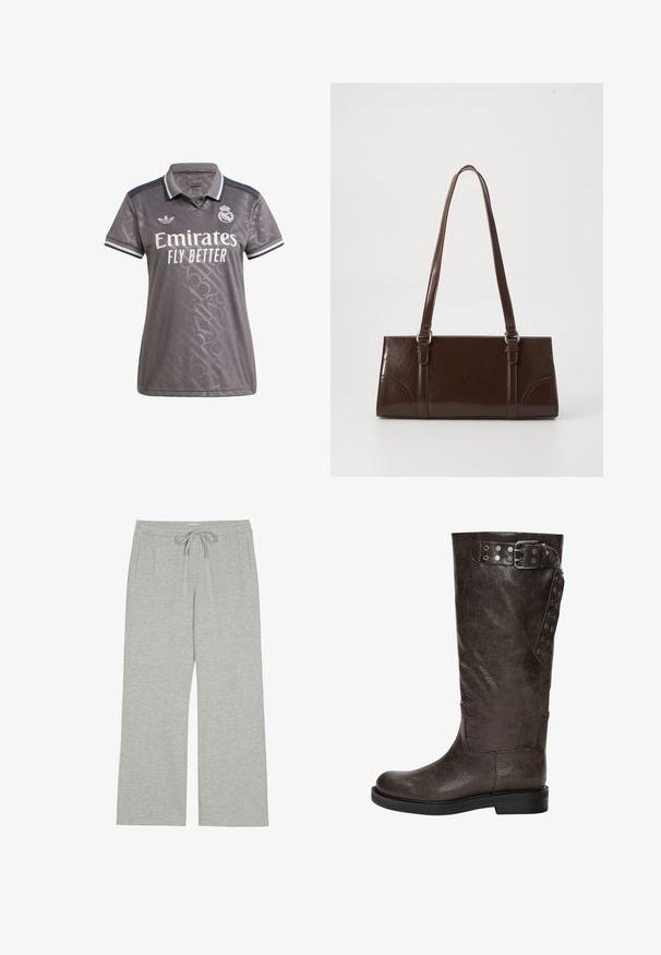 Polo grigio con un motivo testurizzato sottile, logo "Emirates" bianco ed emblema Adidas; presenta un colletto classico e dettagli a righe.; Pantaloni tuta grigi chiari realizzati in un morbido tessuto testurizzato, con cintura regolabile e tasche laterali; vestibilità ampia e rilassata.; Stivale in pelle marrone fino al ginocchio con una finitura texturizzata, dotato di una fibbia e di dettagli a scatto laterali, e una suola di gomma piatta.; Borsa in pelle verniciata marrone di forma rettangolare, con due manici lunghi e sottili accenti curvi sul davanti.