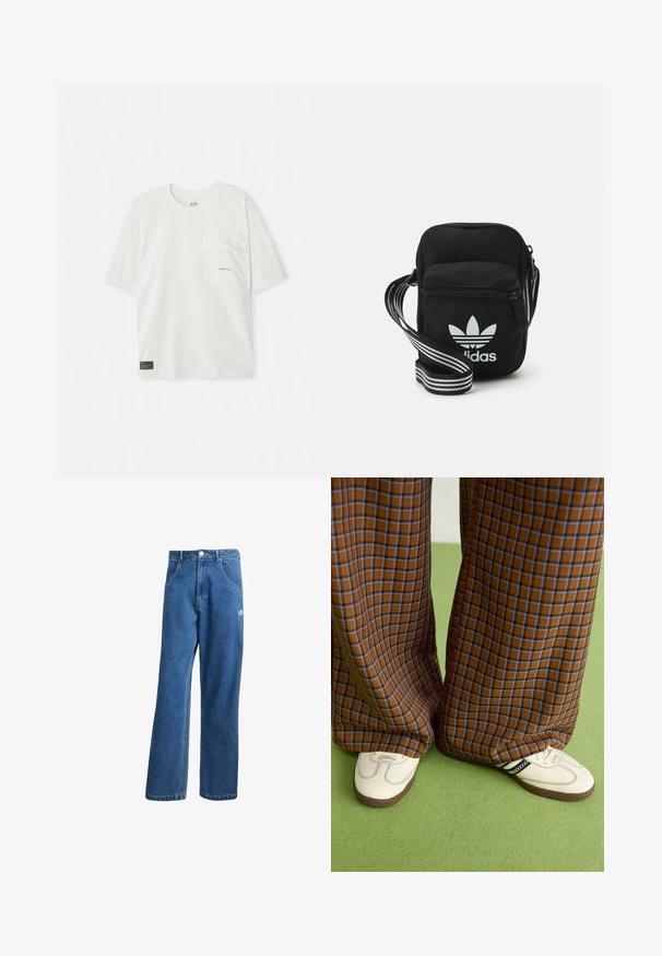 Tricou cu mânecă scurtă, de culoare verde deschis, fabricat din bumbac. Are un buzunar pe piept și un mic logo aproape de buzunar. Textură moale, design casual.; Jeans din denim cu talie înaltă, cu picioare largi, de culoare albastră, cu buzunare frontale, bucle pentru centură, închidere cu nasture și un mic logo Adidas pe coapsa dreaptă.; Pantaloni largi cu carouri maro și albastru, asociați cu pantofi albi cu accente negre și tălpi texturate, împotriva unui fundal verde.; Geantă de umăr din material textil negru, cu închidere cu fermoar, având un logo Adidas alb și o curea ajustabilă cu dungi pentru o transportare ușoară.