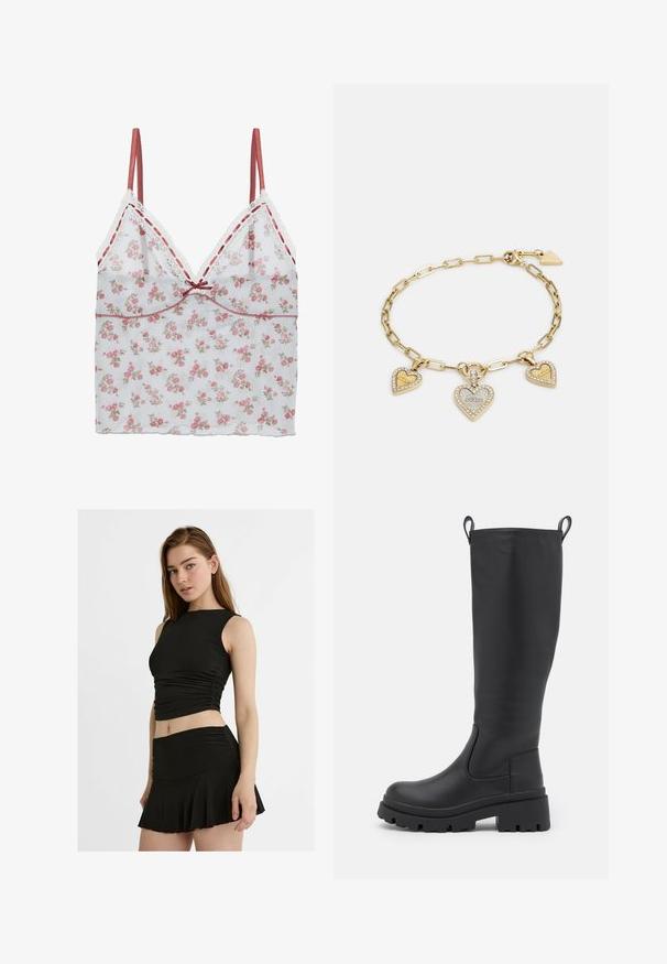 Florale Spaghettiträgertop aus transparentem weißen Stoff mit pinkem und beigem Blumenmuster, zarter Spitzenkante und verstellbaren Satinschultern.; Weißes Blusenshirt mit quadratischem Ausschnitt, elastischen Puffärmeln und Knopfverschlüssen. Verfügt über eine florale Stickerei und eine figurbetonte Passform.; Schwarz, zweiteiliges Outfit mit einem ärmellosen, cropped Top mit Raffung und einem ausgestellten Minirock, beides aus einem glatten, dehnbaren Stoff.; Schwarze kniehohe Stiefel aus glattem Leder mit einer dicken Sohle und leichtem Absatz. Verfügt über Ziehschlaufen und elastische Seitenpanels für ein einfaches Anziehen.; Armbanduhr mit Herzcharme in Goldton, drei Herzanhänger, davon zwei mit Kristallen verziert. Gliederketten-Design mit einem sicheren Verschluss.