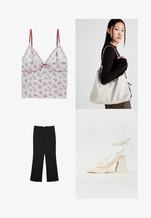 Kwiatowy top na ramiączkach z przezroczystego białego materiału z różowymi i beżowymi wzorami kwiatowymi, delikatnym koronkowym wykończeniem i regulowanymi satynowymi ramiączkami.; Czarne spodnie o prostym kroju, z przednimi kieszeniami i bocznymi rozcięciami na dole. Wykonane z miękkiego, gładkiego materiału. Odpowiednie na różne okazje.; Biała sandał na wysokim obcasie z masywnym słupkiem, z paskowym wzorem i wiązaniem przy kostce. Gładka faktura z platformą z przodu dla dodatkowej wysokości.; Beżowa torebka wykonana z miękkiego materiału, charakteryzująca się luźnym fasonem, wyszywanymi detalami i dwoma uchwytami na ramię. Idealna na co dzień.