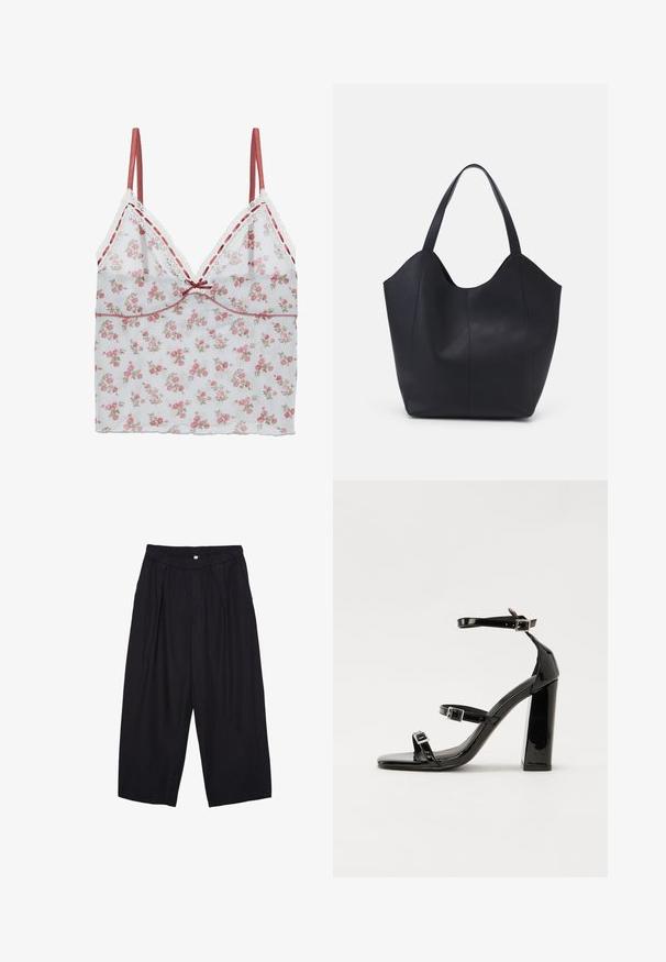 Bloemen camisole van doorzichtig witte stof met een roze en beige bloemenprint, fijne kantafwerking en verstelbare satijnen schouderbanden.; Zwarte polyester culottes met een elastische tailleband, twee voorkreukels en een losse pasvorm. Geen zichtbare patronen of hardware-details.; Zwarte gepatenteerde sandalen met hak en een vierkante neus, enkelbandjes en zilveren gespen. Heeft een stevige blokhak voor stabiliteit.; Zwarte tote tas van glad leer, met een gebogen, open bovenkant en twee schouderbanden, en een minimalistisch ontwerp.