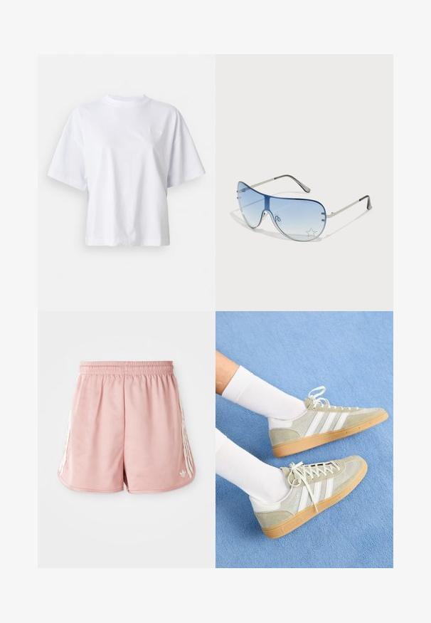 Valge puuvillane T-särk lõdva istuvuse, lühikeste varrukate ja ribaga ümarate kraega. Rinnal on peene brändingu elemendid.; Roosa sportlikud lühikesed püksid elastse vöökoha, külgedel valgete triipudega ja väikese logoga vasakul all ees. Sile kangastekstuur.; Heledad hall suhkrutoed, valgete kummitootega, millel on kolm valget triipu ja pruun tall, kandsid valgete sokkidega sinisel taustal.; Aviatori prillid, millel on gradient sinine objektiiv, hõbedane metallraam ja dekoratiivsed staaraktsendid objektiivil. Sujuv ja stiilne disain.