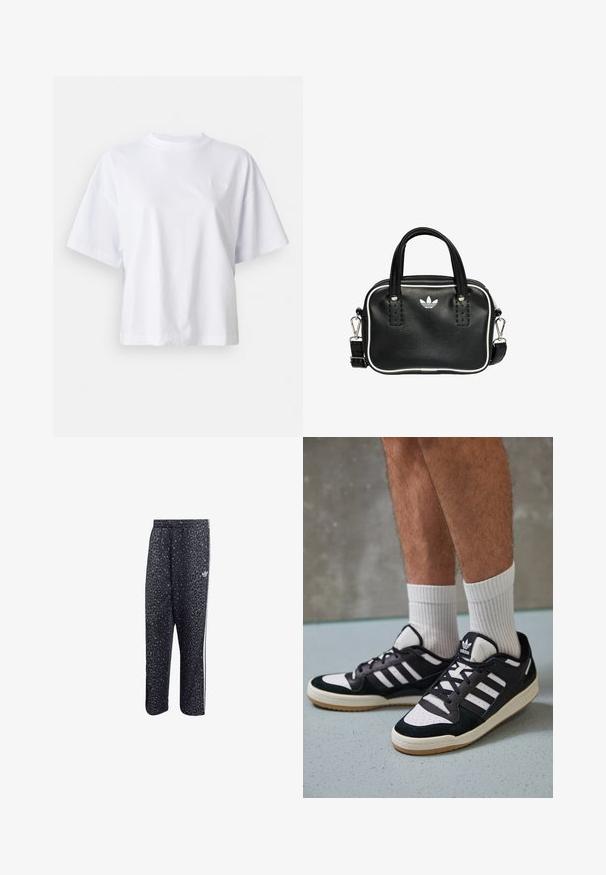 Valkoinen puuvillapaita rentoa leikkausta, lyhyet hihat ja ribbireunus hieman pyöristetty kaula-aukko. Rinnassa on hillitty brändäys.; Mustat urheiluhousut, joissa on leopardikuosiset yksityiskohdat, valkoiset kolme viivaa -design ja urheilumerkin logo sivussa.; Valkoiset ja mustat tennarit, joissa on mokkanahka- ja nahkapäällinen, kolme valkoista raitaa, rei'itetty kärki ja kumipohja.; Musta nahkainen käsilaukku, jossa on kaksi lyhyttä kahvaa, hopeiset yksityiskohdat, valkoiset tehosteet ja valkoinen logo. Sisältää teksturoidun pinnan ja kompaktin muotoilun.
