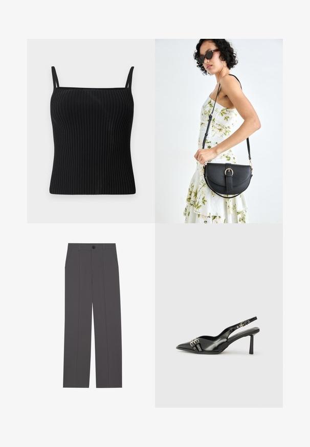 Schwarzes geripptes Tanktop mit verstellbaren Spaghetti-Trägern, das eine figurbetonte Silhouette und eine glatte Textur aufweist.; Graue Hose im geraden Schnitt, mit zwei seitlichen Taschen und einem Knopfverschluss. Glattes Material ohne sichtbare Muster oder Akzente.; Schwarzer Lackleder Slingback-Schuh mit spitzem Zehenbereich, Knöchelriemen mit silbernen Schnallen und Beschlägen sowie einem schlanken Absatz.; Schwarze Lederhandtasche mit geschwungener Form, abnehmbarem Tragegurt und goldenen Beschlägen. Die Tasche verfügt über einen Deckel mit einer Schnallen-Details.