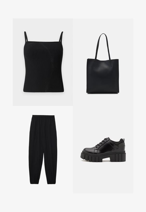 Camisola preta de alças finas ajustáveis, com um corte ajustado e uma textura suave.; Calças pretas, leves, com um cinto elástico e punhos franzidos. O tecido é suave e apresenta um design relaxado e afunilado.; Sapatos de plataforma em couro preto com um salto bloco robusto, bico redondo e design clássico de atacadores. Apresentam uma textura suave e detalhes mínimos.; Bolsa tote preta em couro com textura lisa, forma retangular e duas alças longas. Sem hardware ou enfeites visíveis.