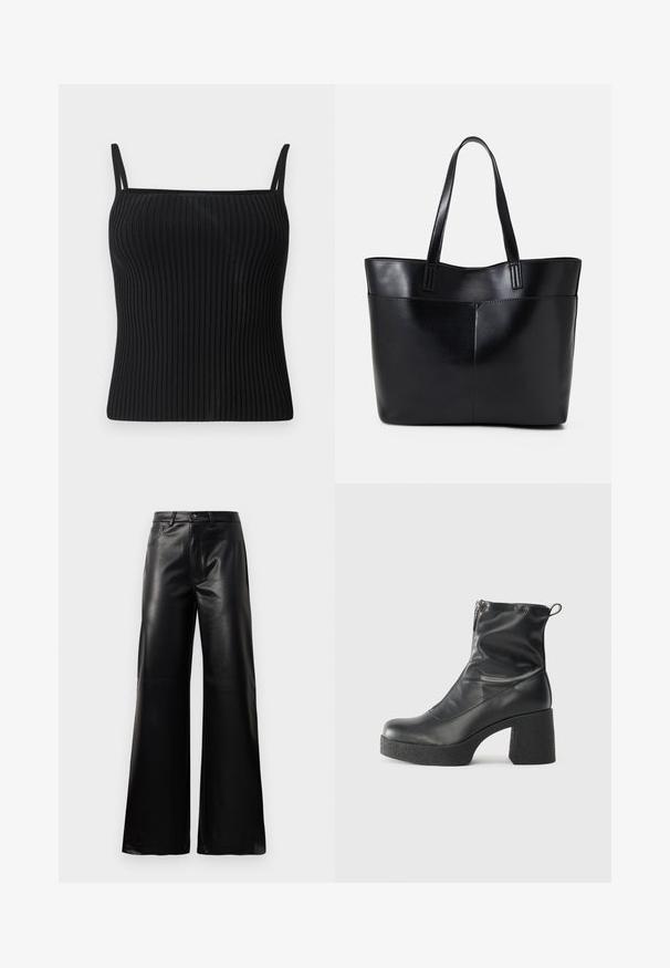 Top a bustino nero a righe con spalline regolabili, caratterizzato da una silhouette aderente e una texture liscia.; Pantaloni ampi a vita alta in ecopelle neri con bottone frontale, chiusura con zip, passanti per cintura e tasche laterali su sfondo bianco.; Stivali neri alla caviglia in pelle liscia, con zip laterale, tacco spesso e texture, e punta arrotondata.; Borsa a tracolla in pelle nera con due manici lunghi, una texture liscia e una forma strutturata. Presenta una tasca frontale per ulteriore spazio di archiviazione.