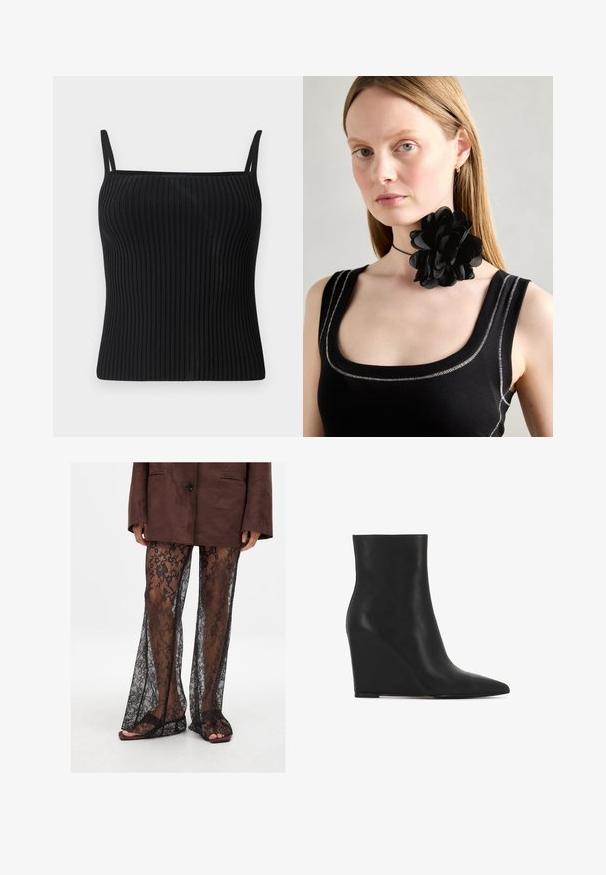 Zwarte geribbelde tanktop met verstelbare spaghettibandjes, met een aansluitende pasvorm en een gladde textuur.; Zwarte kanten flared broeken met een bloemenpatroon, doorzichtige textuur en wijde beenopeningen, gecombineerd met bruine gemakkelijke sandaaltjes.; Zwarte enkellaars met wigvorm gemaakt van textuurleer; heeft een spitse neus en een gladde, strakke uitstraling met een afgeronde silhouet.; Zwarte bloemen choker ketting gemaakt van gelaagde bloemblaadjes, gedragen met een zwarte ribgebreide tanktop met zilveren accenten langs de halslijn en schouders.