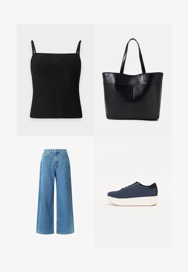 Černý žebrovaný top bez rukávů s nastavitelnými ramínky, který má přiléhavý střih a hladký povrch.; Široké džíny z světle modrého denimu, s vysokým pasem, dvěma předními kapsami, poutky na opasek a jemným texturovaným vzorem.; Námořnické modré tenisky s texturovaným textilním svrškem, bílou platformovou podrážkou, kulatou špičkou a černým akcentem na patě. Obsahují šest očíček pro tkaničky.; Černá kožená taška s dlouhými ušima, hladkým povrchem a strukturovaným tvarem. Obsahuje přední kapsu pro další úložný prostor.