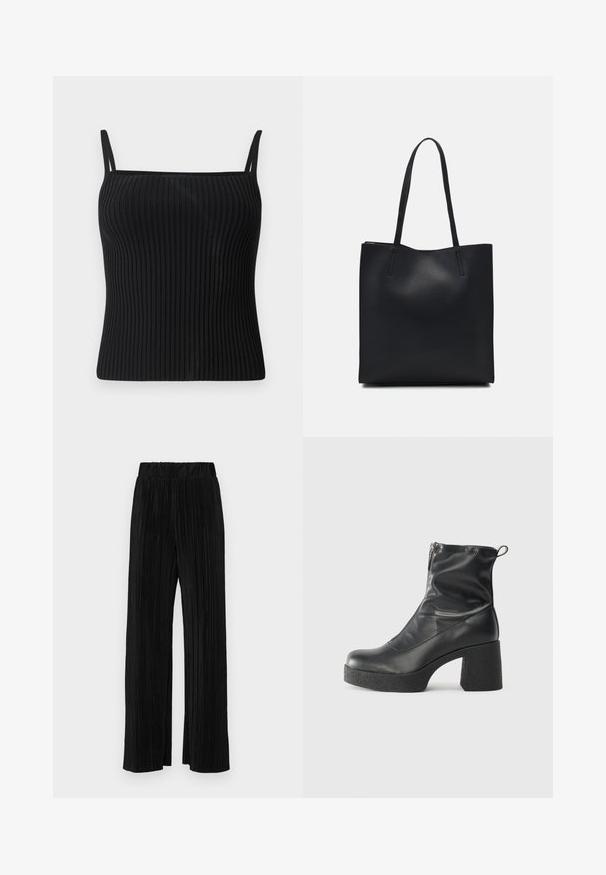 Black ribbed tank top with adjustable spaghetti straps, featuring a fitted silhouette and a smooth texture.; Black pleated trousers with an elastic waistband. Features wide legs and a smooth, textured fabric with vertical stripes.; Black ankle boots made of smooth leather, featuring a side zipper, chunky textured heel, and rounded toe design.; Black leather tote bag with smooth texture, rectangular shape, and two long handles. No visible hardware or embellishments.