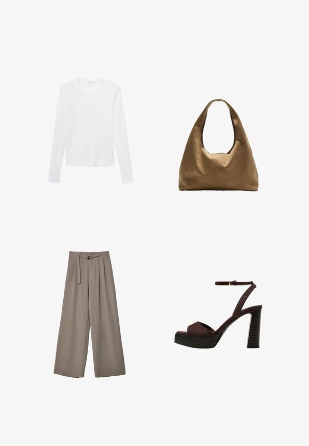 Witte longsleeve t-shirt van lichtgewicht stof, met een ronde halslijn en een rechte snit, zonder zichtbare patronen of accenten.; Wijd nietenbroeken van een zachte, gedempte grijze stof, met een ceintuur in de taille en plooien voor extra ontwerpelementen. Gladde textuur, geen patronen.; Bruine suède high-heeled sandaal met een open teen, verstelbare enkelband en een gestreepte plateauzool.; Bruine stoffen schoudertas met een brede, ronde vorm en een grote uitsnede handvat. Zachte textuur, minimalistisch ontwerp en geen zichtbare hardware.