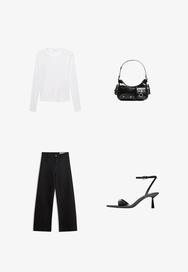 White long-sleeve t-shirt made of lightweight fabric, featuring a round neckline and a straight cut, with no visible patterns or accents.; Black wide-leg denim pants with a high waist, featuring front and back pockets, stitched seams, and a button closure. Smooth texture.; Bershka High heeled sandals - black; Black patent leather handbag with a curved shape, one shoulder strap, front pockets, and silver-tone hardware accents.