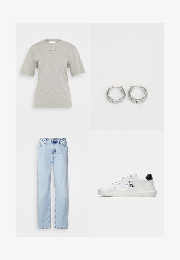 Tricou din bumbac gri deschis, cu mâneci scurte și decolteu rotund. Prezintă textul mărcii embosat pe față. Textură netedă.; Jeans lejere de culoare albastru deschis, realizate din denim, având talie înaltă, spălare ușoară și un model subtil de tie-dye pe partea din față.; Adidași albi cu glezna joasă, cu tab-ul de călcâi negru, talpă platformă, șireturi și logo-ul "CK" de la Calvin Klein pe lateral.; Cercei din argint în formă de cerc cu un design texturat, ce prezintă striții verticale. Formă circulară cu un sistem de închidere sigur. Finisaj neted.