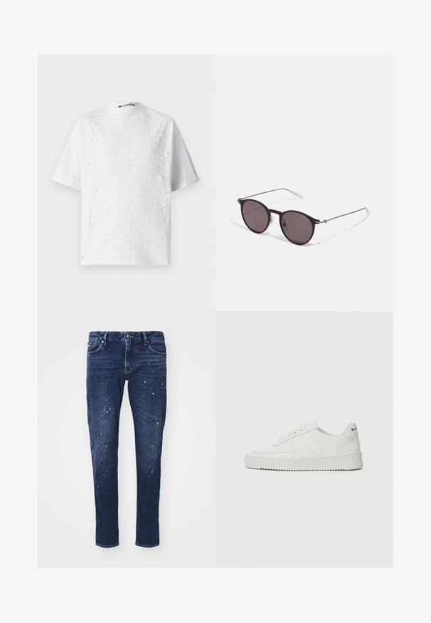 Bílý bavlněný tričko s texturovaným designem, který připomíná horizontální pruhy v přední části, s vysokým výstřihem a krátkými rukávy.; Tmavě modré džíny s úzkým střihem, které mají skvrny od barvy, viditelné švy a standardní pětikošíkový design. Rovný střih nohavic.; Bílé kožené tenisky s hladkým povrchem, kulatou špičkou, plochými tkaničkami a texturovanou podrážkou. Na patě se nachází nenápadné logo.; Černé kulaté sluneční brýle s tmavými skly a tenkými kovovými nohami. Obsahují průhledné koncovky nožiček a stříbrné akcenty na pantu. Minimalistický design.