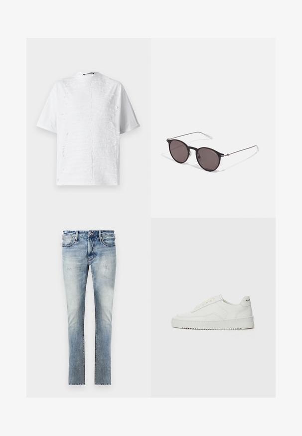 Camiseta blanca de algodón con un diseño texturizado que recuerda a líneas horizontales en la parte delantera, con un cuello alto y mangas cortas.; Jeans de mezclilla de color azul claro con un acabado desgastado, diseño ajustado, cinco bolsillos y costuras contrastantes en las costuras.; Zapatilla de cuero blanca con un acabado suave, puntera redonda, cordones planos y suela texturizada. Cuenta con un sutil logo en el talón.; Gafas de sol redondas negras con lentes oscuros y brazos metálicos delgados. Incluye puntas de varilla transparentes y acentos plateados en la bisagra. Diseño minimalista.