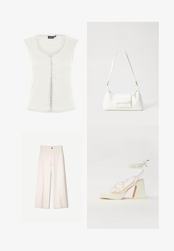 Biela rebrovaná top s krátkym rukávom bez rukávov so zvlneným čipkovaným lemom pozdĺž výstrihu a dolného lemu, s gombíkovým zapínaním. Mäkkučký bavlnený materiál.; Krémové široké nohavice s nohavicami na mieru, s dvoma prednými vreckami a jedným predným zapínaním na gombík, vyrobené z hladkej tkaniny.; Biele sandále na vysokom opätku s hrubým podpätkom, s pruhovaným dizajnom a viazaním na členku. Hladký povrch s platformou vpredu pre zvýšenú výšku.; Biela syntetická kabelka s trojuholníkovým tvarom, plochým predným klapkou a detailom mašle, nastaviteľným popruhom, hladkou textúrou a minimalistickým dizajnom.