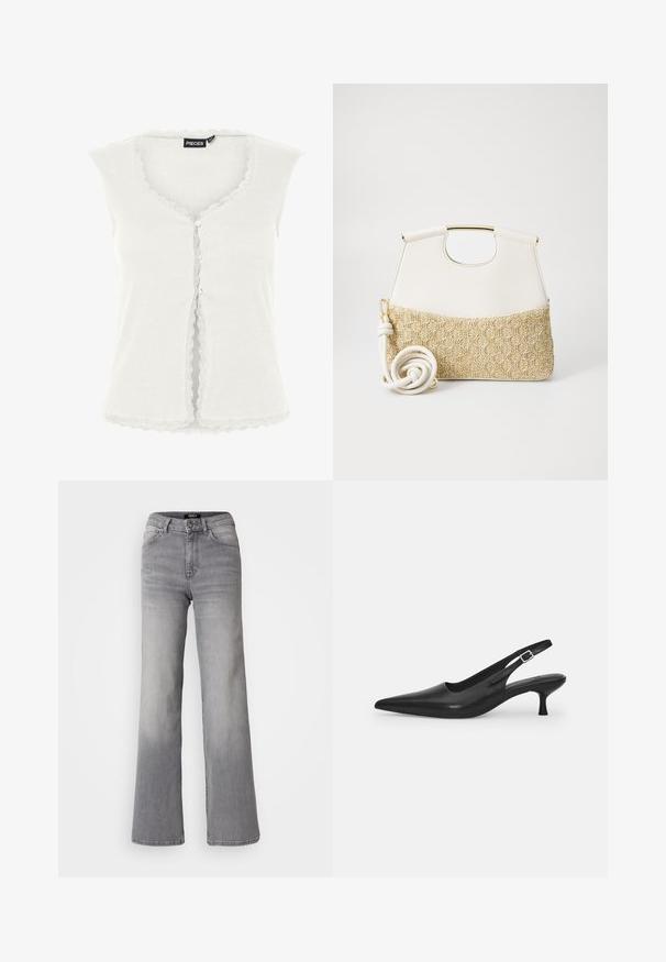 Fehér gyűrött ujjatlan felső, fodros csipkeborítással a nyakrészen és az alján, gombos elejű kialakítással. Puha pamut anyag.; Magasan derekú, egyenes szárú, szürke farmernadrág, elől gombbal és cipzárral, elülső és hátsó zsebekkel, valamint elhalványodott árnyékolással a combokon és a vádlikon.; Fekete bőr szandálcipő hegyes orral és karcsú, ívelt sarokkal. Diszkrét, állítható pánttal rendelkezik, fém csattal.; Fehér bőr kézitáska texturált krémszínű, szőtt anyagú aljjal. Aranyszínű fogantyúval és tekert fehér pánttal rendelkezik a sokoldalúság érdekében.