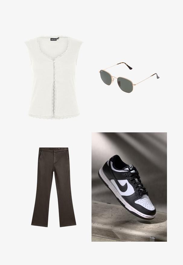 Weißes geripptes ärmelloses Oberteil mit einer geschwungenen Spitze entlang des Ausschnitts und Saums, mit durchgehender Knopfleiste. Aus weichem Baumwollmaterial.; Dunkelbraune gerade geschnittene Hose mit seitlichen Taschen und einem Bund, flach auf einem weißen Hintergrund präsentiert.; Schwarz-weißer Nike Dunk Low Sneaker mit Lederobermaterial, perforiertem Zehenbereich und schwarzen Schnürsenkeln, ausgestattet mit einer weißen Sohle und Logo-Akzenten.; Goldfarbene Metallrahmen-Sonnenbrillen mit dunkelgrünen Gläsern im Pilotenstil, mit schlanken Bügeln und Schildpatt-Akzenten an den Spitzen.; Schwarze, gesteppte Lederhandtasche mit einer goldenen Kettenriemen und einem Reißverschluss. Verfügt über ein Rautenmuster, glatte Textur und elegante rechteckige Form.