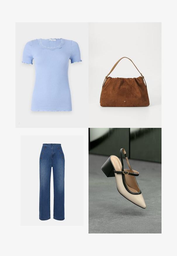 Ljusblå ribbad t-shirt med korta ärmar, lätt scalloped u-ringning och vågiga kanter på ärmar och nederkant. Mjuk, elastisk material.; Höga jeans i medelblått. Har knappar framtill och vida ben. Tyget har en slät textur med lätt blekning.; Beige slingback-sko med hög klack, spetsig tå, svart kant och spänndetalj. Slätt material med matt finish, medelhög klossklack.; Brun mockaläderhandväska med ett samlat mönster, som har en enkel rem i tanläder och en subtil guldfärgad logotypdetalj på framsidan.