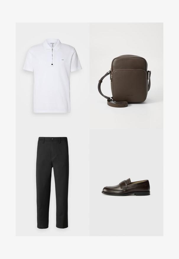 Hvit polo skjorte med kort glidelås krage, brodert logo på brystet, og et mykt bomullsmateriale med en jevn tekstur.; Sorte bukser med rett snitt, laget av glatt stoff. Har knappelukking og beltehemper. Ingen synlige mønstre eller accenter.; Calvin Klein Slippers - cocoa brown; Brun skinn crossbody-veske med teksturert overflate, rektangulær form, frontlomme med glidelås og justerbar stropp. Logo vist på forsiden.