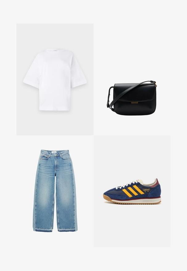 Biała, oversize'owa koszulka wykonana z bawełny, z krótkimi rękawami, okrągłym dekoltem i prostym dołem, bez wzorów ani akcentów.; Jasnoniebieskie dżinsy szerokie w nogawkach, wykonane z denimu, z wysokim stanem, zapięciem na guzik, kieszeniami z przodu i surowym dołem.; Granatowe zamszowe sneakersy z żółtymi paskami, białymi sznurowadłami i burgundowymi akcentami. Teksturowana podeszwa z rowkami zapewniającymi przyczepność. Logo marki na boku.; Czarna skórzana torba na ramię z klapką i regulowanym paskiem, z małym prostokątnym złotym akcentem.
