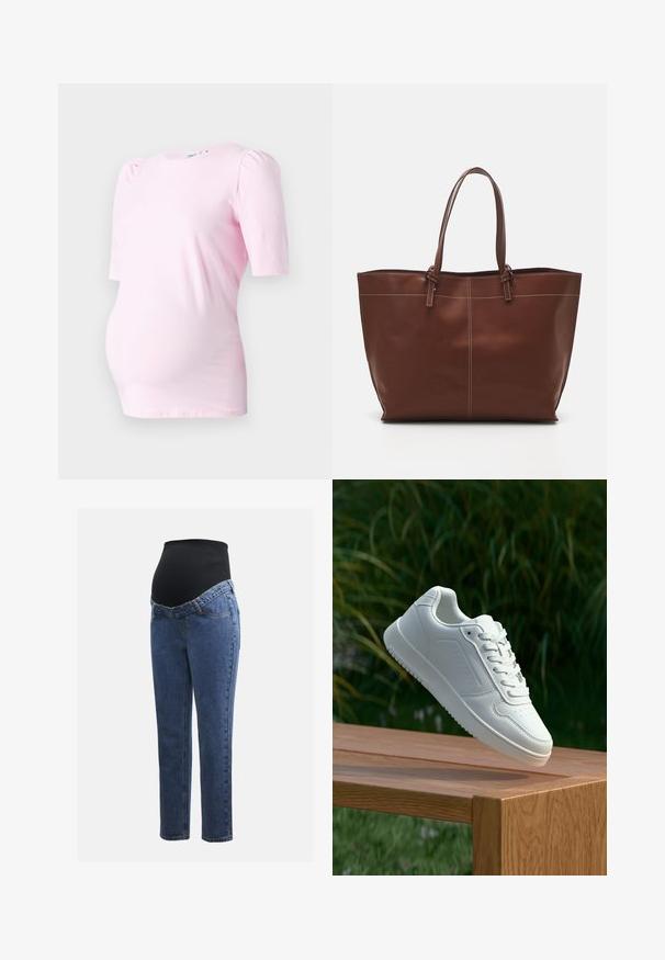 Roosa lühikeste varrukatega rasedustop pehmest kangast, ümarate kaelustega ja kergelt puhv-varrukatega, et lisada vormi.; Rasedusjeansid sinise denimi jalgadega ja musta veniva kõhuplaadiga, mis on mõeldud toetama ja katma kasvavat kõhtu.; Valged sneakerd, millel on sile sünteetiline ülemine osa, väikeste aukudega varvaskast, lamedad paelad ja tekstuuriga tald, eksponeeritud puidust pinnal.; Pruun nahast käekott kahekordsete käepidemetega, millel on kontrastõmblused ja avar disain, sobib igapäevaseks kasutamiseks.