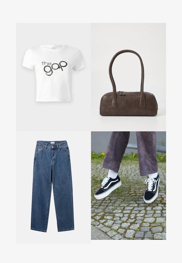Biela skrátená tričko vyrobené z bavlny s čiernym glitrovým grafickým logom "the gap" na prednej strane. Krátke rukávy a okrúhly výstrih.; Klasické modré džínsy z denimu so strihom rovného strihu, piatimi vreckami a zapínaním na gombík. Majú stredné praním a pevnú textúru.; Čierne semišové tenisky s bielymi akcentmi, s okrúhlou špičkou, hrubou bielou podrážkou a klasickým šnurovacím dizajnom, kombinované s bielymi ponožkami a fialovými nohavicami.; Hnedá kožená kabelka s dvoma pevným uchami, obdĺžnikovým tvarom, hladkým povrchom a zipsovým uzáverom. Minimalistický dizajn bez viditeľných vzorov.
