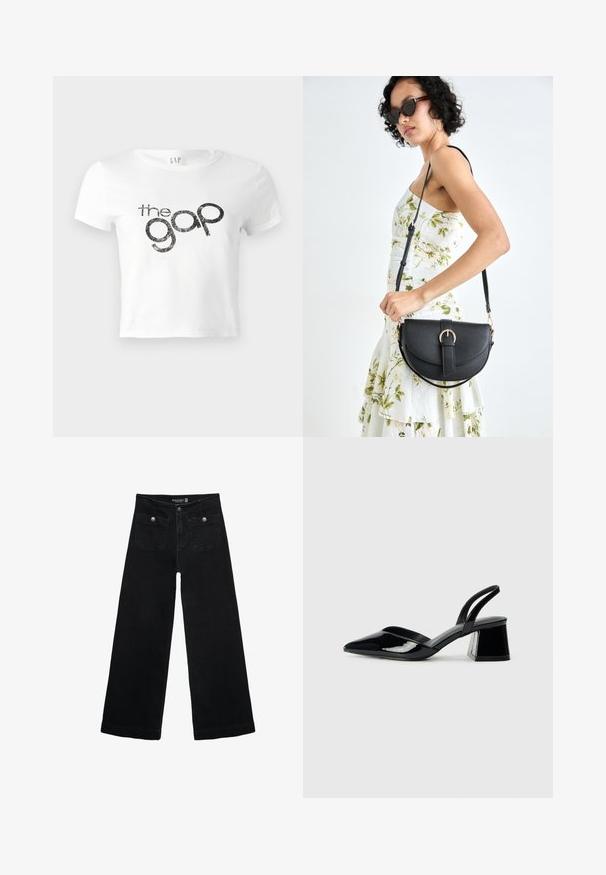 Weißes, kurz geschnittenes T-Shirt aus Baumwolle mit einem schwarzen Glitzer-Logo "the gap" auf der Vorderseite. Kurze Ärmel und runder Ausschnitt.; Schwarze, weit geschnittene Jeans mit hoher Taille, die zwei Fronttaschen und metallene Knopfakzente aufweist. Der Stoff hat eine glatte Textur.; Schwarze Lackleder-Slingback-High Heels mit spitzem Schuh und einem geometrischen Blockabsatz. Verfügt über ein schlankes, minimalistisches Design und eine glatte Textur.; Schwarze Lederhandtasche mit geschwungener Form, abnehmbarem Tragegurt und goldenen Beschlägen. Die Tasche verfügt über einen Deckel mit einer Schnallen-Details.