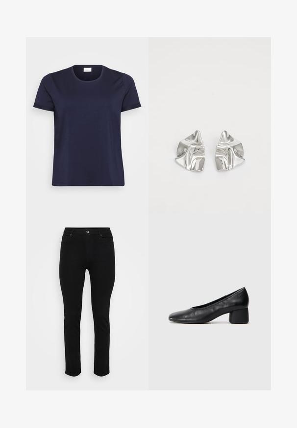 Tumši zila īsām piedurknēm T-kreklā ar apaļu kakla izgriezumu, vienkāršs dizains un brīvs griezums, attēlots uz baltas krāsas fona.; Melnas džinsus ar šauru piegriezumu, piecu kabatu dizainu, priekšējo pogu aizdari un vieglu stiepšanos komfortam. Gluda, izlīdzināta tekstūra ar minimālu dekoru.; Melna ādas kurpe ar noapaļotu purngalu un vidēja izmēra blokkāju. Gluda tekstūra ar minimāliem dekoriem, ar delikātu elastīgu atveri.; Sudraba metāla auskari ar viļņainu, skulpturālu dizainu, kas izceļas ar pulētu apdari un neregulārām formām, uzsverot mūsdienīgu estētiku.