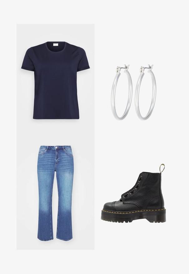 Dark navy blue short-sleeve T-shirt with a round neckline, plain design, and a relaxed fit, displayed on a white background.; Denim jeans in light to medium blue gradient. Features a straight-leg cut, five pockets, and stitched detailing along the seams.; Black leather ankle boot with textured surface, round toe, lace-up design, yellow stitching, and a thick, ridged black platform sole.; Silver hoop earrings with a smooth, polished finish. Round shape and secure click-top closure. Lightweight design suitable for everyday wear.