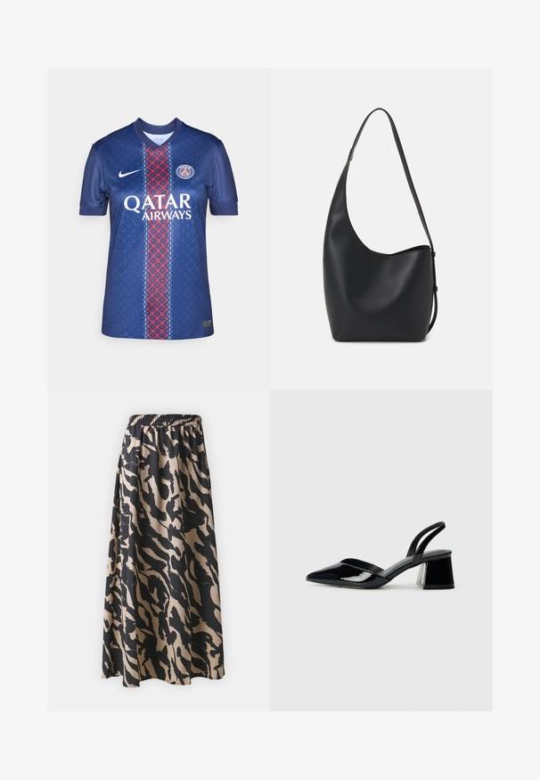 Maglietta da calcio blu navy in tessuto liscio, con un motivo geometrico, strisce verticali rosse e bianche, e il logo "QATAR AIRWAYS".; Gonna lunga nera e beige con fascia elastica in vita, caratterizzata da un motivo di stampa animale astratta e una silhouette fluida.; Décolleté in vernice nera con punta affusolata e tacco in geometria cubica. Presentano un design elegante e minimalista, con una texture liscia.; Borsa hobo nera in pelle con una superficie liscia, forma curvata e una singola tracolla regolabile; presenta un'ampia apertura nella parte superiore.