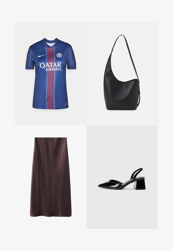 Tmavě modrý fotbalový dres vyrobený z hladké látky, s geometrickým vzorem, červeným a bílým vertikálním pruhem a logem "QATAR AIRWAYS".; Hnědá midi sukně s hladkým, saténovým vzhledem. Jednoduchý design, rovný střih a olemované okraje pro čistý vzhled. Bez viditelných zapínání.; Černé lakované kožené lodičky na pásku s špičatou špičkou a geometrickým blokovým podpatkem. Vyznačují se elegantním, minimalistickým designem a hladkým povrchem.; Černá kožená hobo taška s hladkým povrchem, zakřiveným tvarem a jedním nastavitelným popruhem; má široké otevírání nahoře.; Náušnice ve zlatém tónu z kovu s elegantním zakřiveným designem. Vyznačují se jedinečným špičatým tvarem, lesklým povrchem a závěsem na kloub.
