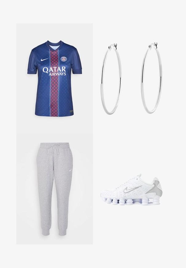 Tmavomodrý futbalový dres z hladkej tkaniny, s geometrickým vzorom, červeným a bielym vertikálnym pruhom a logom "QATAR AIRWAYS".; Svetlosivé tepláky s nastaviteľným pásom, zúženými nohavicami a malým bielym logom na ľavom stehne. Vyrobené z mäkkej, štruktúrovanej tkaniny.; Biele športové topánky s jemnou sieťovinou na hornej časti, striebornými detailmi a jedinečným dizajnom podpätka v tvare cievky. Majú polstrovaný golier a šnurovanie pre lepšie udržanie na nohe.; Strieborné kruhové náušnice s hladkým, lesklým povrchom a tenkým, kruhovým tvarom. Dizajn obsahuje bezpečné zapínanie.